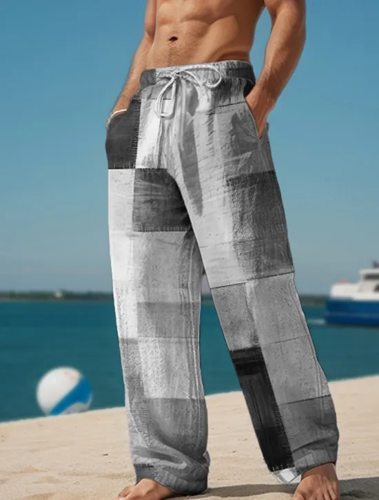 Hot OUKU Plaid Color Block Men's Resort 3D Printed Casual Pants Trousers Elastic Waist Drawstring Loose Fit Straight-Leg Summer Beach Pants S TO 3XL