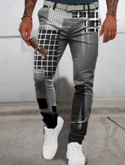 Outlet OUKU Plaid Geometry Casual Men's 3D Print Pants Trousers Outdoor Daily Wear Streetwear Polyester Blue Brown Green S M L Medium Waist Elasticity Pants
