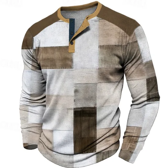 Discount OUKU Plaid Men's Fashion Casual 3D Printed Waffle Henley T Shirt Sports Outdoor Holiday Festival T shirt Blue Brown Dark Blue Long Sleeve Henley Shirt Spring & Fall Clothing