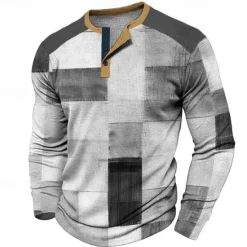 Discount OUKU Plaid Men's Fashion Casual 3D Printed Waffle Henley T Shirt Sports Outdoor Holiday Festival T shirt Blue Brown Dark Blue Long Sleeve Henley Shirt Spring & Fall Clothing