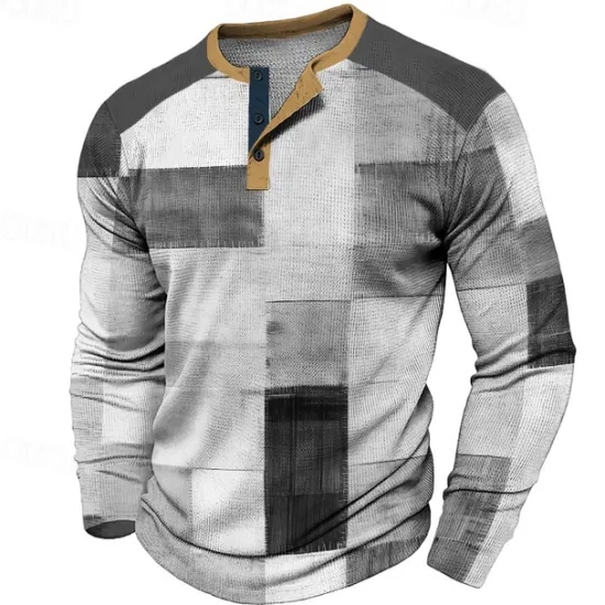 Discount OUKU Plaid Men's Fashion Casual 3D Printed Waffle Henley T Shirt Sports Outdoor Holiday Festival T shirt Blue Brown Dark Blue Long Sleeve Henley Shirt Spring & Fall Clothing