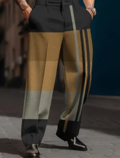 OUKU Plaid Stripe Geometry Business Casual Men's 3D Print Pants Trousers Outdoor Street Wear to work Polyester Blue Orange Khaki S M L High Elasticity Pants