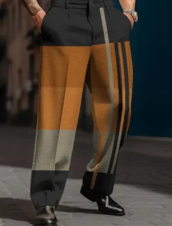 OUKU Plaid Stripe Geometry Business Casual Men's 3D Print Pants Trousers Outdoor Street Wear to work Polyester Blue Orange Khaki S M L High Elasticity Pants