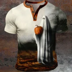 Hot OUKU Pumpkin Reaper Boo Designer Retro Vintage Men's 3D Print T shirt Tee Henley Shirt Street Casual Daily Halloween T shirt Short Sleeve Henley Shirt Summer Spring Clothing Apparel S M L XL XXL XXXL Khaki