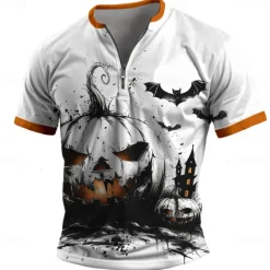 Outlet OUKU Pumpkin Retro Vintage Men's 3D Print T shirt Tee Street Casual Daily Halloween T shirt Short Sleeve Half Zip Shirt Summer Spring Clothing Apparel S M L XL XXL XXXL White