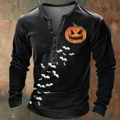 Outlet OUKU Pumpkin Vacation Fashion Daily Men's 3D Print Henley Shirt Holiday Halloween T shirt Long Sleeve Henley Shirt Summer Spring Fall Clothing Apparel Normal S M L XL XXL XXXL Black