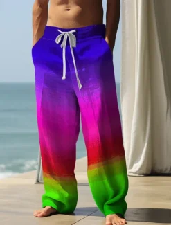 New OUKU Rainbow Gradient LGBT Casual Men's 3D Print Pants Trousers Outdoor Street Going out Polyester Red Purple Green S M L Mid Waist Elasticity Pants