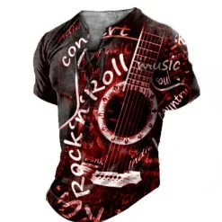 Hot OUKU Rock N Roll Guitar Mens Graphic Shirt And 3D Red Summer Cotton Henley Tee Musical Instrument Clothing Apparel Print Daily Sports Short Sleeve Concert