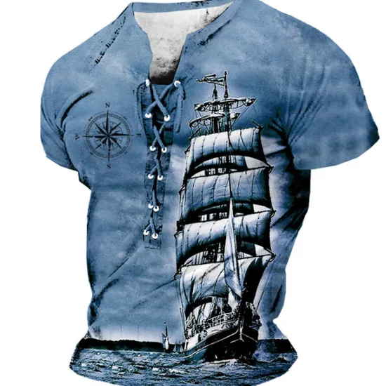 Discount OUKU Sailboat And Compass Mens Graphic Shirt Lace Up 3D For Sailing Brown Summer Cotton Tee Ship Stand Collar Clothing Apparel Print Daily Sports Short Sleeve Black White Casual Grey
