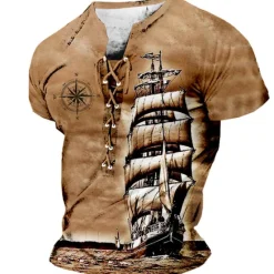 Discount OUKU Sailboat And Compass Mens Graphic Shirt Lace Up 3D For Sailing Brown Summer Cotton Tee Ship Stand Collar Clothing Apparel Print Daily Sports Short Sleeve Black White Casual Grey