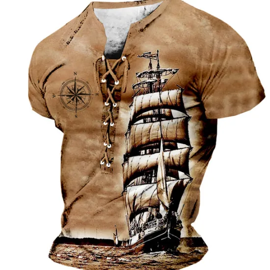 Discount OUKU Sailboat And Compass Mens Graphic Shirt Lace Up 3D For Sailing Brown Summer Cotton Tee Ship Stand Collar Clothing Apparel Print Daily Sports Short Sleeve Black White Casual Grey