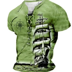 Discount OUKU Sailboat And Compass Mens Graphic Shirt Lace Up 3D For Sailing Brown Summer Cotton Tee Ship Stand Collar Clothing Apparel Print Daily Sports Short Sleeve Black White Casual Grey