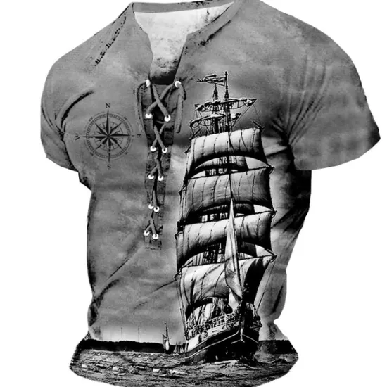 Discount OUKU Sailboat And Compass Mens Graphic Shirt Lace Up 3D For Sailing Brown Summer Cotton Tee Ship Stand Collar Clothing Apparel Print Daily Sports Short Sleeve Black White Casual Grey