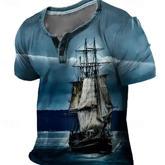 New OUKU Sailboat T-Shirt Mens Graphic 3D For Vacation | Blue Summer Cotton Fashion Designer Comfortable Print Henley Tee Outdoor Casual Daily Day Pirate