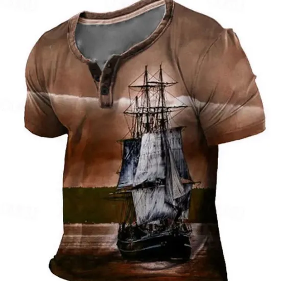 New OUKU Sailboat T-Shirt Mens Graphic 3D For Vacation | Blue Summer Cotton Fashion Designer Comfortable Print Henley Tee Outdoor Casual Daily Day Pirate