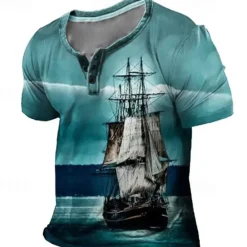 New OUKU Sailboat T-Shirt Mens Graphic 3D For Vacation | Blue Summer Cotton Fashion Designer Comfortable Print Henley Tee Outdoor Casual Daily Day Pirate
