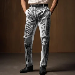 Sale OUKU Skeleton Punk Abstract Men's 3D Print Pants Trousers Outdoor Street Wear to work Halloween Polyester Black White Khaki S M L High Elasticity Pants