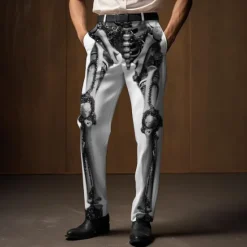 Outlet OUKU Skeleton Punk Abstract Men's 3D Print Pants Trousers Outdoor Street Wear to work Halloween Polyester Black White Khaki S M L High Elasticity Pants