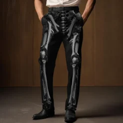 Outlet OUKU Skeleton Punk Abstract Men's 3D Print Pants Trousers Outdoor Street Wear to work Halloween Polyester Black White Khaki S M L High Elasticity Pants