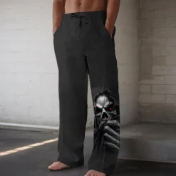 Hot OUKU Skull Dark Men's Casual Pants Straight Leg Full Length Holiday Inelastic Black