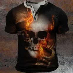 New OUKU Skull Fashion Designer Comfortable Men's 3D Print Henley Shirt Casual Daily T shirt Short Sleeve Henley Shirt Summer Clothing Apparel S M L XL XXL XXXL Black