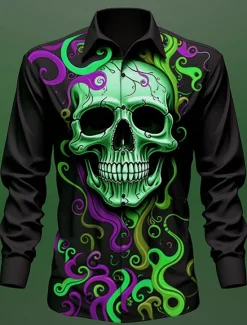 Sale OUKU Skull Vintage Gothic Men's Shirt Outdoor Halloween Street Fall & Winter Turndown Long Sleeve Black Yellow Blue S M L Shirt