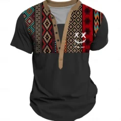 Online OUKU Smile Face Men's Ethnic Style 3D Print T shirt Tee Henley Shirt Casual Daily T shirt Black Khaki Short Sleeve Henley Shirt Summer Clothing Apparel S M L XL XXL 3XL