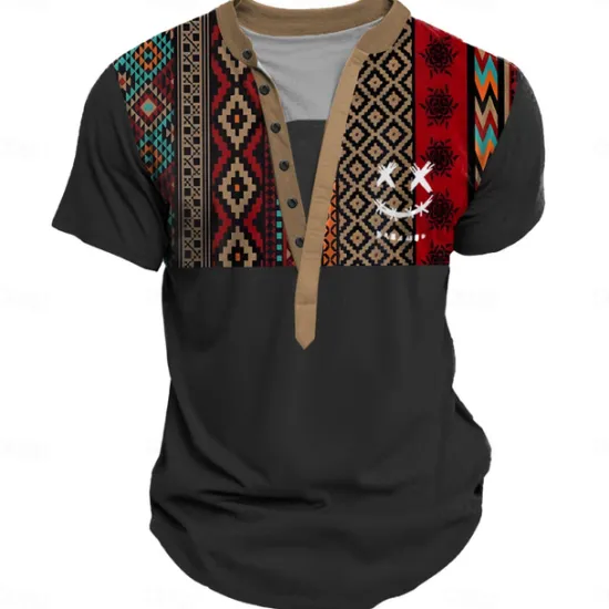 Online OUKU Smile Face Men's Ethnic Style 3D Print T shirt Tee Henley Shirt Casual Daily T shirt Black Khaki Short Sleeve Henley Shirt Summer Clothing Apparel S M L XL XXL 3XL
