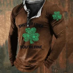 Online OUKU St.Patrick's Day Men's Henley Shirt Tee Graphic Clover Henley Clothing Apparel 3D Print Daily St.Patrick's Day Long Sleeve Button-Down Print Fashion Designer