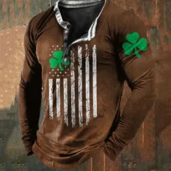 Discount OUKU St.Patrick's Day Men's Henley Shirt Tee Graphic Clover National Flag Henley Clothing Apparel 3D Print Daily St.Patrick's Day Long Sleeve Button-Down Print Fashion Designer