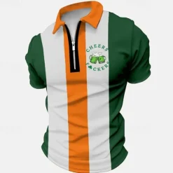 Sale OUKU St.Patrick's Day Men's Zip Polo Polo Shirt Golf Shirt Beer Saint Patrick Day St. Patrick's Day Clover Turndown Outdoor Street Short Sleeves Zipper Print Clothing Apparel Fashion Designer Casual Green