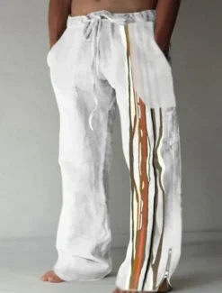 Hot OUKU Stripe Casual Men's 3D Print Pants Trousers Outdoor Street Going out Polyester White Blue Khaki S M L Mid Waist Elasticity Pants