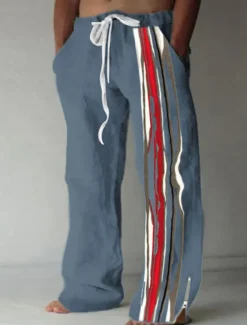 Hot OUKU Stripe Casual Men's 3D Print Pants Trousers Outdoor Street Going out Polyester White Blue Khaki S M L Mid Waist Elasticity Pants