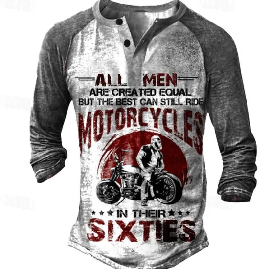 OUKU T shirt Tee Henley Shirt Graphic Prints Motorcycle Henley Clothing Apparel Outdoor Casual Long Sleeve Button-Down Print Stylish Lightweight Vintage Sixties Grey And White