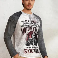 OUKU T shirt Tee Henley Shirt Graphic Prints Motorcycle Henley Clothing Apparel Outdoor Casual Long Sleeve Button-Down Print Stylish Lightweight Vintage Sixties Grey And White