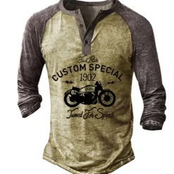 OUKU T shirt Tee Henley Shirt Graphic Prints Motorcycle Henley Clothing Apparel Outdoor Casual Long Sleeve Button-Down Print Stylish Lightweight Vintage Sixties Grey And White