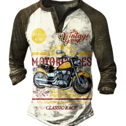 OUKU T shirt Tee Henley Shirt Graphic Prints Motorcycle Henley Clothing Apparel Outdoor Casual Long Sleeve Button-Down Print Stylish Lightweight Vintage Sixties Grey And White