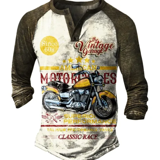 OUKU T shirt Tee Henley Shirt Graphic Prints Motorcycle Henley Clothing Apparel Outdoor Casual Long Sleeve Button-Down Print Stylish Lightweight Vintage Sixties Grey And White