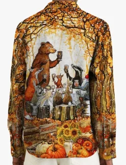 Sale OUKU Thanksgiving Day Men's Animal Shirt Western Shirt Cowboy Shirt Long Sleeve Casual Daily Wear Going out Fall & Winter Turndown Pocket Print Button-Down Yellow