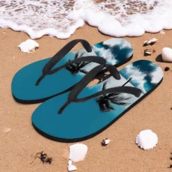 Hot OUKU Unisex Tropical Sunset Flip Flops – Vibrant Beach Sandals with Palm Tree Print for Summer, Pool and Vacation Wear