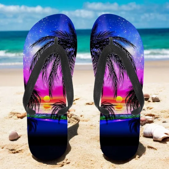Hot OUKU Unisex Tropical Sunset Flip Flops – Vibrant Beach Sandals with Palm Tree Print for Summer, Pool and Vacation Wear