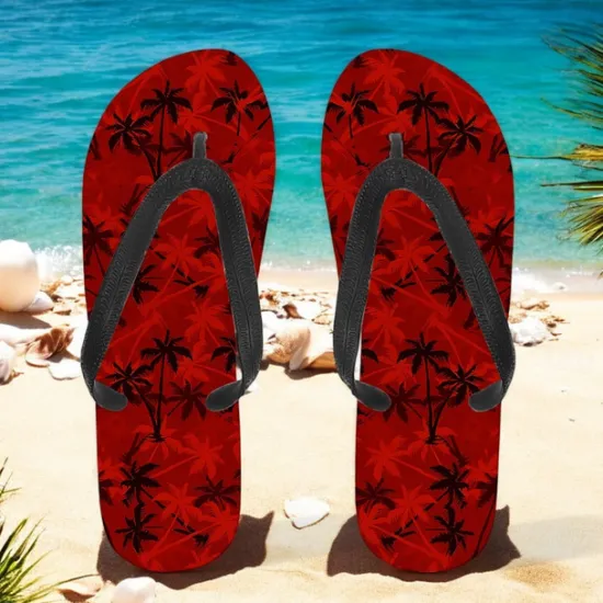 Hot OUKU Unisex Tropical Sunset Flip Flops – Vibrant Beach Sandals with Palm Tree Print for Summer, Pool and Vacation Wear