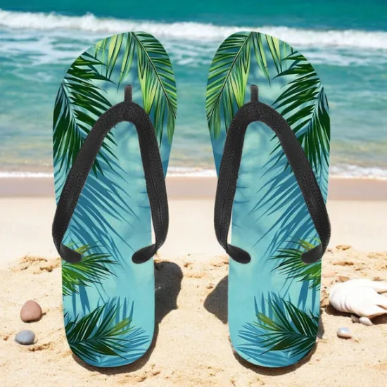 Hot OUKU Unisex Tropical Sunset Flip Flops – Vibrant Beach Sandals with Palm Tree Print for Summer, Pool and Vacation Wear