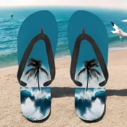 Hot OUKU Unisex Tropical Sunset Flip Flops – Vibrant Beach Sandals with Palm Tree Print for Summer, Pool and Vacation Wear