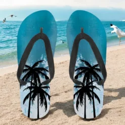 Hot OUKU Unisex Tropical Sunset Flip Flops – Vibrant Beach Sandals with Palm Tree Print for Summer, Pool and Vacation Wear