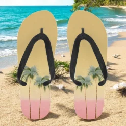 Hot OUKU Unisex Tropical Sunset Flip Flops – Vibrant Beach Sandals with Palm Tree Print for Summer, Pool and Vacation Wear