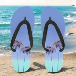 Hot OUKU Unisex Tropical Sunset Flip Flops – Vibrant Beach Sandals with Palm Tree Print for Summer, Pool and Vacation Wear