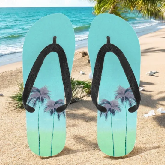 Hot OUKU Unisex Tropical Sunset Flip Flops – Vibrant Beach Sandals with Palm Tree Print for Summer, Pool and Vacation Wear
