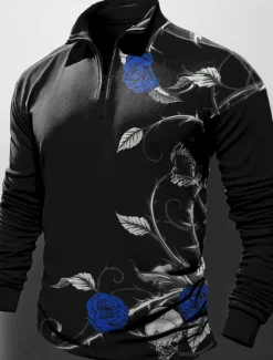 Hot OUKU Valentine's Day Rose Men's Abstract Print 3D Zip Polo Outdoor Casual Daily Streetwear Polyester Long Sleeve Zip Polo Shirts Red Blue Spring & Summer S M L Micro-elastic