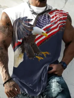 OUKU Veterans Day Men's Patriot Patriotic Veteran Graphic Color Block Eagle National Flag Vest Top Sleeveless T Shirt for Men Sleeveless Cap Sleeve T shirt 3D Print Crew Neck Shirt Fashion Designer